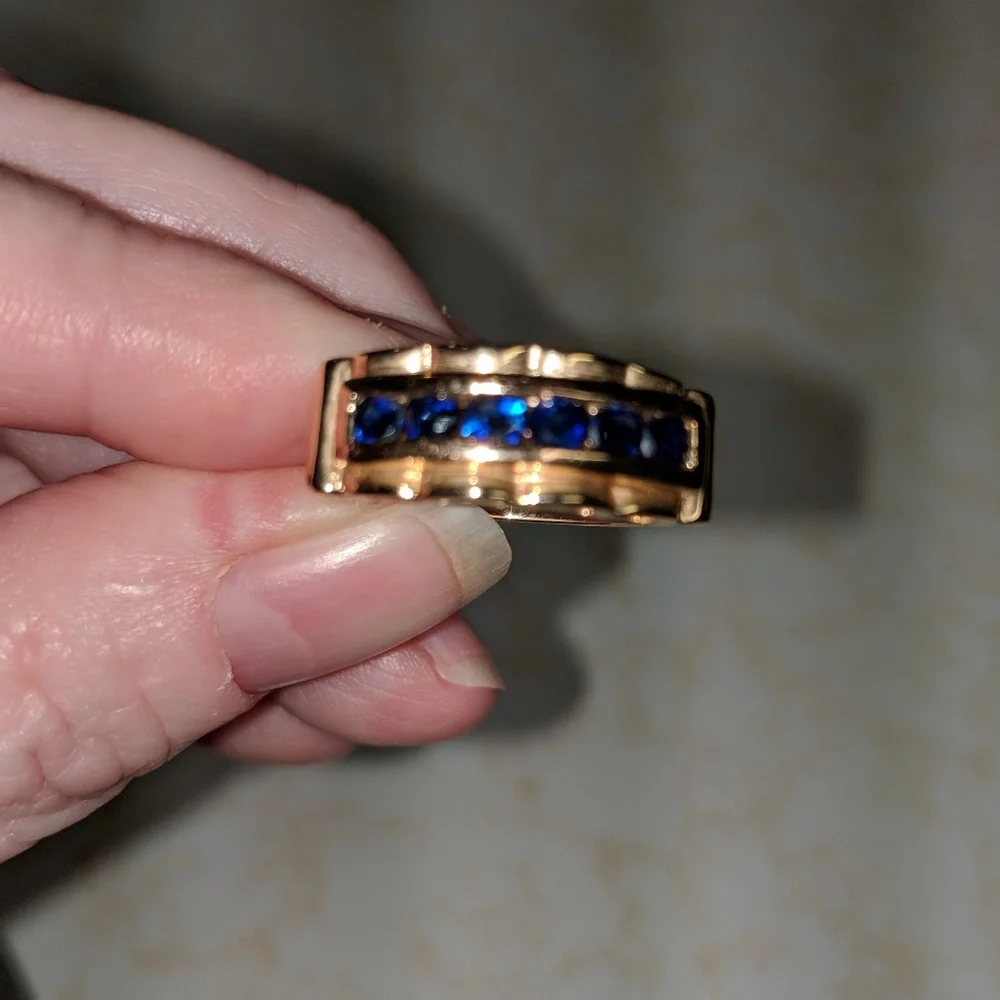 Mens 18k gold over Sterling Silver Created sapphire band ring